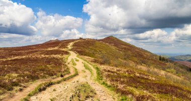 Bieszczady dağlarındaki dolambaçlı yürüyüş yolunun manzarası parçalı bulutlu bir gökyüzünün altında gündüz manzarasının doğal güzelliğini gösteriyor..