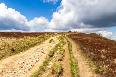 Parlak mavi bir gökyüzünün altındaki yemyeşil çayırlar boyunca uzanan manzaralı dağ yolu tüylü bulutlar manzaranın doğal güzelliğinin ortasında macera ve keşfe davetiye çıkarıyor..