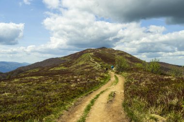 Güneşli bir baharda, yemyeşil ve dramatik bulutlarla çevrili Bieszczady Dağları 'nda yürüyüş yapan yürüyüşçüler..