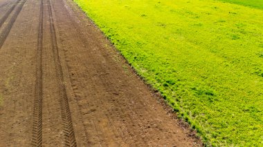Canlı yeşil bir çayıra bitişik yeni sürülmüş kahverengi bir tarlanın havadan görünüşü, baharda ekilmiş toprak ile doğanın yemyeşil büyümesi arasındaki zıtlığı gözler önüne seriyor. Tarım temaları için mükemmel.