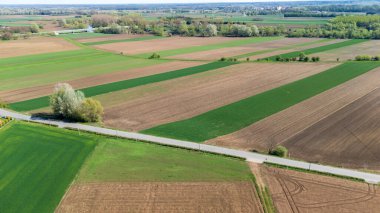 Berrak bir gökyüzü altında yemyeşil tarlaların ve kahverengi tarlaların havadan görünüşü dolambaçlı bir yol yakınındaki tarımsal manzaraları gösteriyor. Doğa ve kırsal konular için ideal.