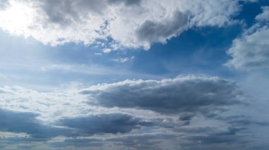 Bulutlu gökyüzü, çeşitli bulut oluşumları ve güneş ışığıyla sakin bir atmosfer yaratıyor. Doğa ve hava temalı projeler için ideal.