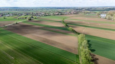 Yeşil yemyeşil tarlaların ve kahverengi toprak parçalarının bulunduğu tarım arazilerinin havadan görünüşü. Sahne, kırsal tarım manzaralarının ve sükunetin özünü yakalıyor..