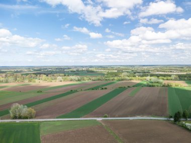 Parlak mavi gökyüzünün altındaki yemyeşil ve kahverengi tarım arazilerinin havadan görünüşü kırsal manzaraların ve tarım hayatının güzelliğini gösteren dağınık bulutlar..