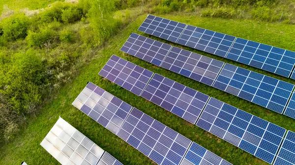 Doğal ortamda sürdürülebilir kalkınma için yenilenebilir enerji çözümleri sunan çimenli bir alanda sıra sıra dizilmiş güneş panellerinin hava görüntüsü.