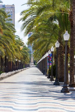 İspanya 'nın Alicante kentinde, parlak mavi gökyüzünün altında belirgin bir desenli kaldırımın altında Espana geçidini çevreleyen palmiye ağaçları..