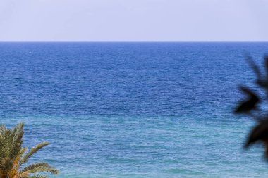 Alicante İspanya 'nın kıyı şeridinden sakin mavi suların yer aldığı Akdeniz manzarası. Palmiye ağaçları sahneyi çevreleyerek huzurlu bir sahil atmosferinin özünü yakalıyor..