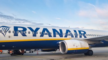 Alicante İspanya - 17 Temmuz 2025: Havaalanında park etmiş bir Ryanair uçağının açık mavi gökyüzüne karşı belirgin markasını gösteren yan görüntüsü.