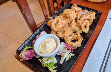 Kızarmış kalamar taze salata ve küçük bir kase mayonez sosuyla servis edilir. Lokantalar ve yemek blogları için ideal. Lezzetli deniz ürünleri sergileniyor..