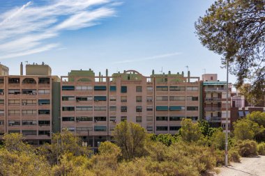 Alicante 'deki konut binaları, ön planda yeşillik açık mavi gökyüzü ile güneşli bir günü yakalıyor. Modern mimari, şehir yaşamını yansıtan doğaya zıt düşer..