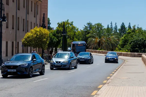 Valencia İspanya - 13 Temmuz 2025: Güneşli bir günde arka planda kentsel yaşam ve palmiye ağaçlarının bir karışımını sergileyen arabalar.