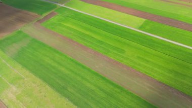 Baharda çizgili yeşil ve kahverengi tarım arazilerinin insansız hava aracı görüntüleri, geometrik desenler ve ekilmiş kırsal alanlar gösteriyor..