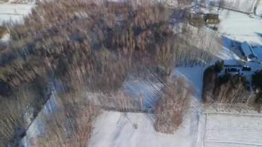 Karla kaplı donmuş bir ormanla ve uzun ağaç gölgeleriyle hava kışı manzarası..