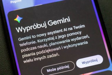 Warsaw Poland - September 16 2025: A smartphone screen displaying information about Gemini an AI assistant that aids in various tasks like learning and event planning.