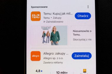 Warsaw Poland - September 16 2025: Smartphone screen displaying advertisements for two shopping apps Temu and Allegro showcasing online shopping opportunities and promotions.