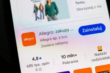 Warsaw Poland - September 16 2025: Close-up of smartphone screen displaying Allegro app interface showing ratings downloads and promotional content.