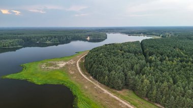 Bereketli yeşil bir ormanda dolaşan sakin bir nehrin havadan görünüşü. Bu sakin manzara doğanın ahengini ve açık havanın güzelliğini yansıtıyor..