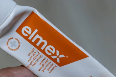 Warsaw Poland - September 24 2025: A close-up of Elmex toothpaste tube highlighting its protective features designed for effective dental care and oral hygiene.