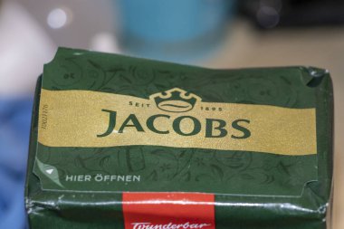 Warsaw Poland - September 24 2025: Close-up of Jacobs coffee packaging highlighting the logo and green design elements symbolizing quality and tradition in coffee.