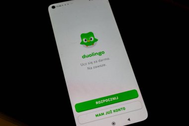 Warsaw Poland - September 24 2025: Duolingo language learning app displayed on a smartphone showcasing its vibrant interface encouraging free learning.