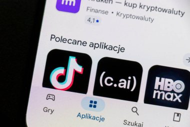 Warsaw Poland - September 24 2025: Display of recommended applications on a smartphone screen featuring TikTok AI tools and HBO Max highlighting digital trends.