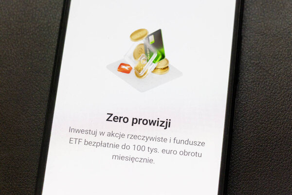 Warsaw Poland - September 24 2025: Mobile application interface displaying zero commission for investments in stocks and ETFs emphasizing financial growth and accessibility.