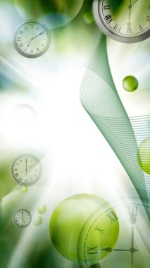 Abstract image of a brightly glowing sun. Abstract balls and clocks flying into space on a green blurred background