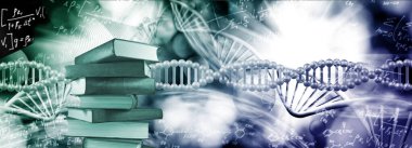An image of a stack of books against the background of an abstract 3d-image of stylized dna chains and various mathematical formulas