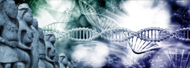 Image of cult sculptures against the background of an abstract image of stylized DNA chains. 3D-image