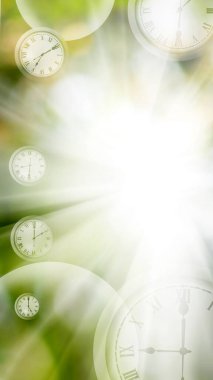 Abstract image of clock faces, balls, spheres on a blurred green background