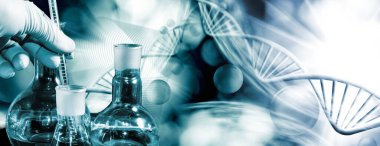 Abstract image of chemical glassware and stylized DNA chains on a blurred background. 3D image