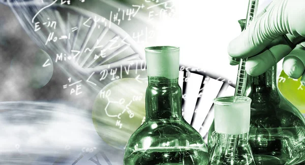 Abstract image of chemical glassware and stylized DNA chains on a blurred background. 3D image