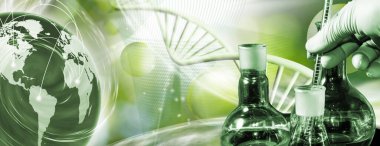 Abstract image of stylized DNA chains, planet Earth and research tools on a blurred background. 3D image