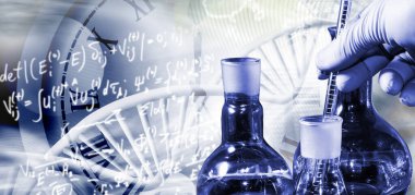 Abstract image of stylized DNA chains and research tools on a blurred background. 3D image