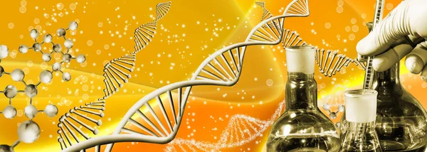 Abstract image of stylized DNA chains and research tools on a blurred background. 3D image