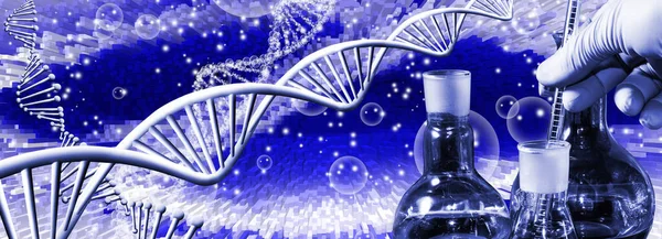 Abstract image of stylized DNA chains  and research tools on a blurred background. 3D image