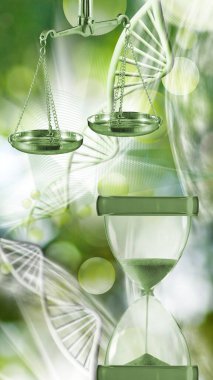 Tarzlanmış DNA zincirlerinin soyut bir resminin arkaplanındaki kum saatinin 3 boyutlu görüntüsü