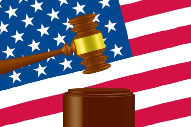 Amerikan bayrağının arka planında mahkeme tokmağı. 3B resim 