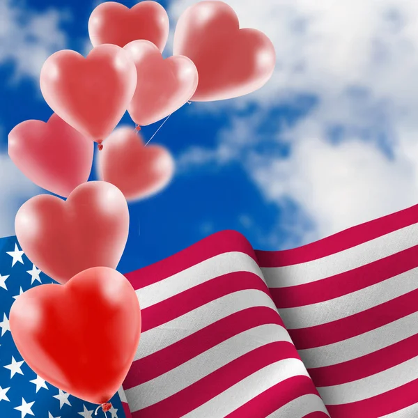 3D image of balloons in the form of a heart on the background of the American flag