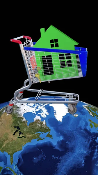 世界を象徴するショッピングカートに1階建ての家のモデルのイメージ — ストック写真