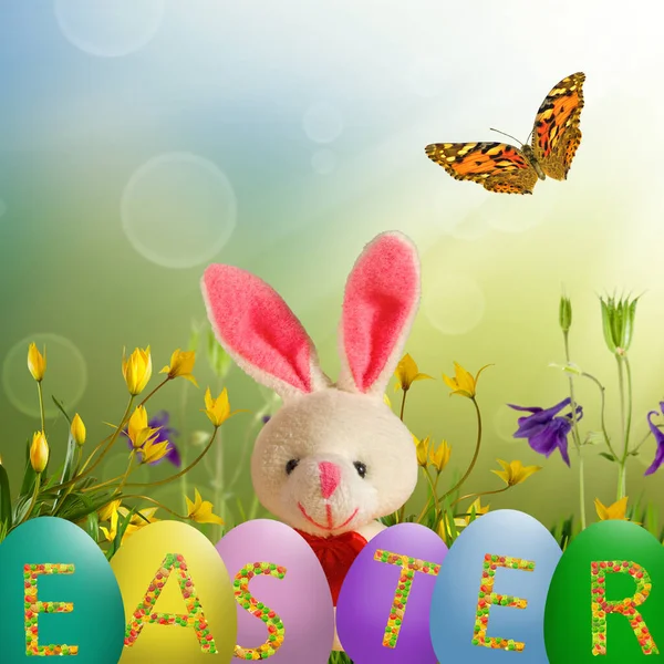 Image Easter Greeting Card Which Easter Eggs Rabbit Beautiful Flowers — Stock Photo, Image