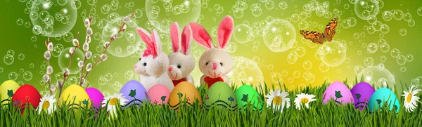Image Easter Greeting Card Which Easter Eggs Rabbits Beautiful Flowers — Stock Photo, Image