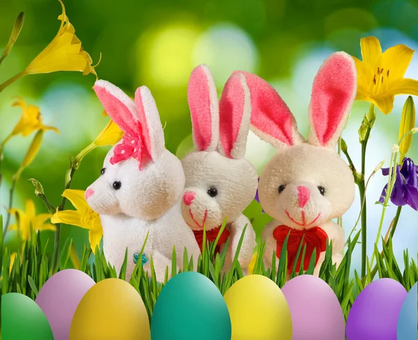 Image Easter Greeting Card Which Easter Eggs Rabbits Beautiful Flowers — Stock Photo, Image