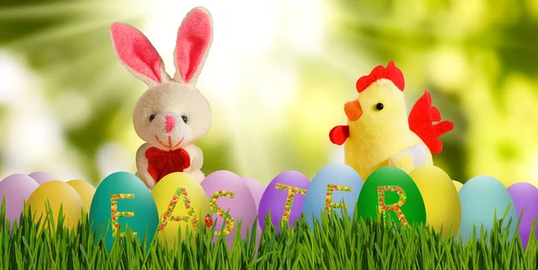 Egy Húsvéti Üdvözlőlap Képe Amelyen Húsvéti Tojás Egy Nyúl Gyönyörű — Stock Fotó