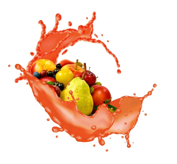 Afbeelding Van Een Groep Vruchten Omringd Door Een Scheut Vruchtensap — Stockfoto