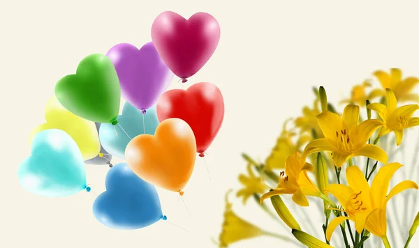 Imagem Grande Número Balões Inflados Forma Coração Buquê Belas Flores — Fotografia de Stock