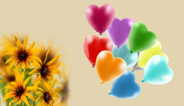 Obrázek Velkého Počtu Nafouklých Balónků Podobě Srdce Kytice Krásných Květin — Stock fotografie
