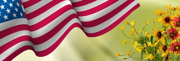 Image Flag United States America Waving Wind Beautiful Holiday Flowers — Stock Photo, Image