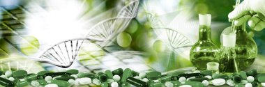 Düzensizlik içinde biriken ilaçların görüntüsü - arka planda soyut DNA zincirlerine karşı tabletler, kapsüller.