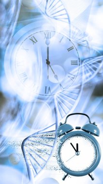 Parçacıkların uçan DNA zincirlerinin arka planına karşı ayrıldığı bir saatin resmi. 